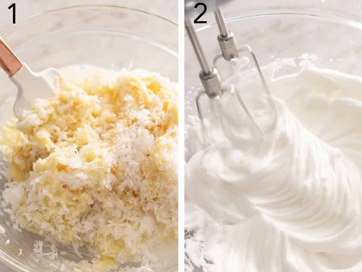 Set of two photos showing ingredients mixed in a bowl and egg whites whipped.