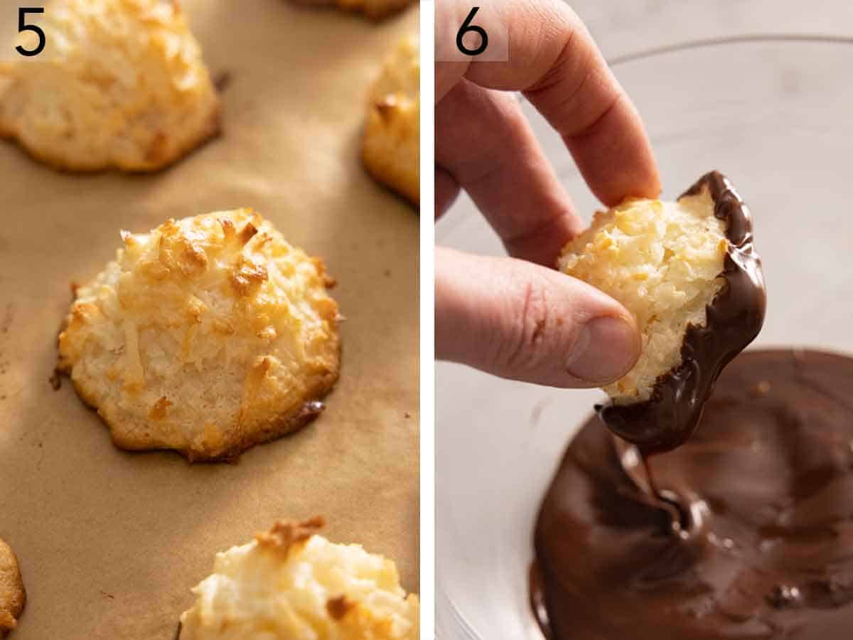 Set of two photos showing baked macaroons on a sheet pan then dipped in chocolate.