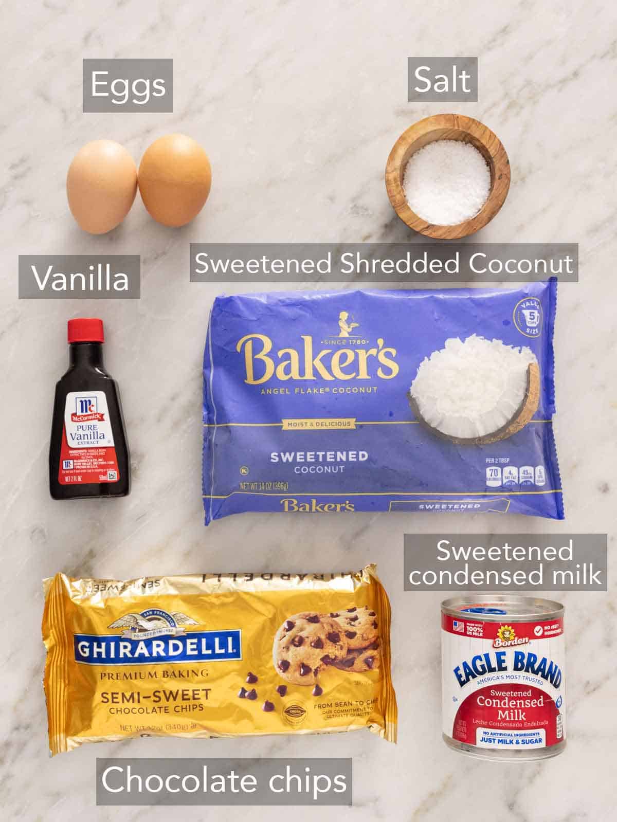 Ingredients needed to make coconut macaroons.