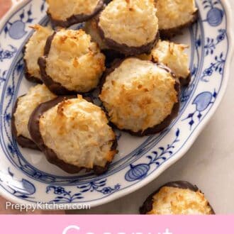 Pinterest graphic of a platter of multiple coconut macaroons.