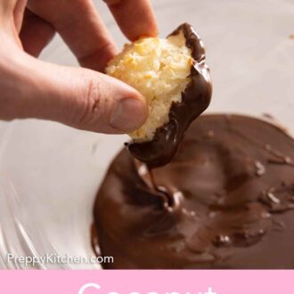 Pinterest graphic of a coconut macaroons dipped in chocolate.