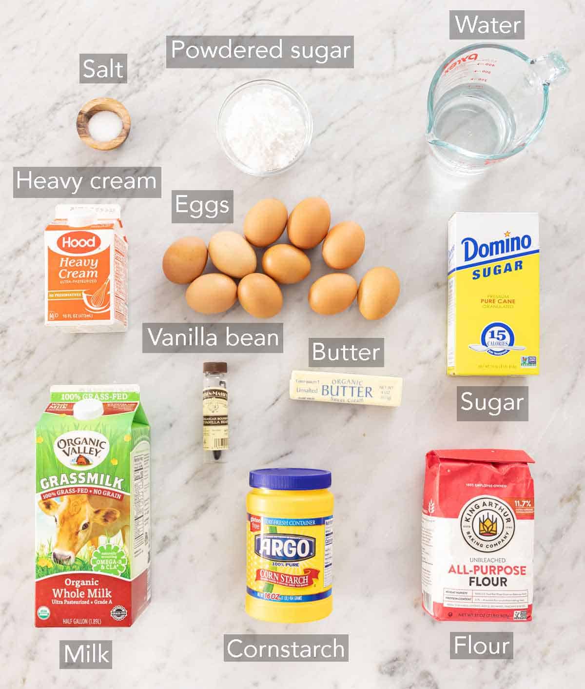Ingredients needed to make cream puffs.