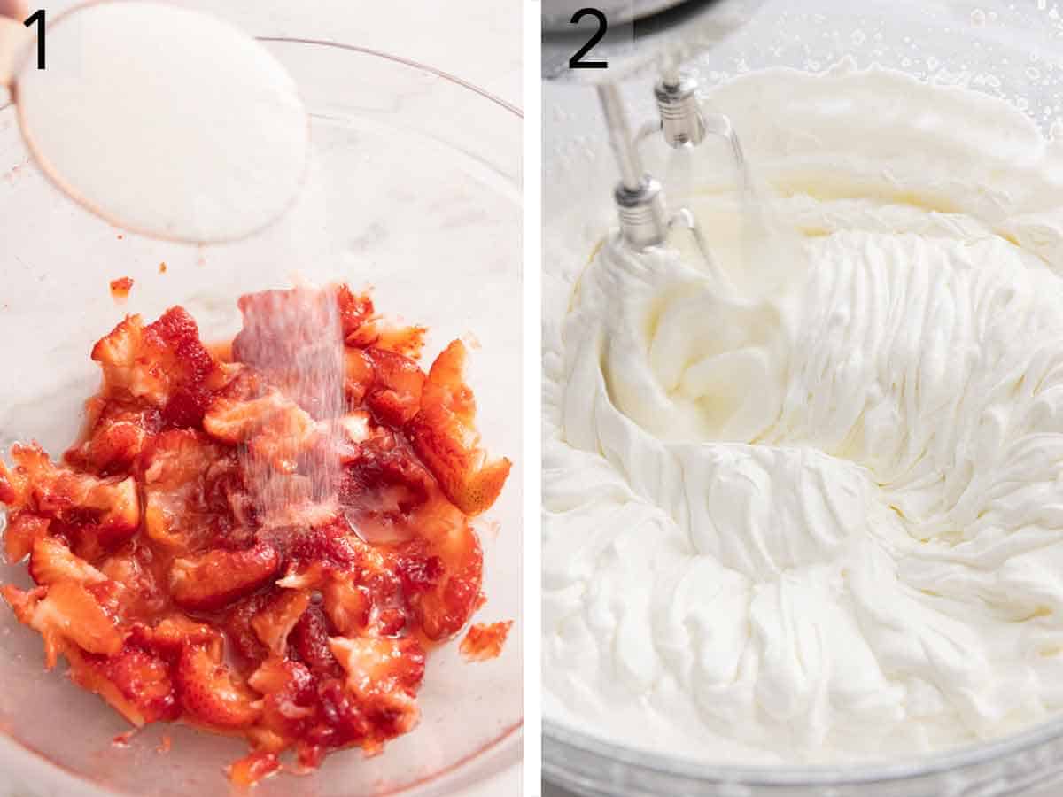 Set of two photos showing sugar added to strawberries and cream being beaten.