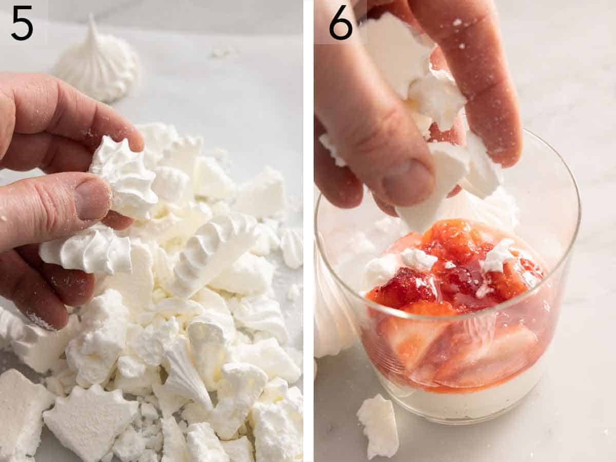 Set of two photos showing meringues broken by hand and Eton mess assembled.