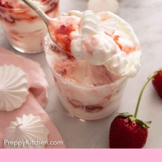 Pinterest graphic of a spoon lifting out of a glass of Eton mess.