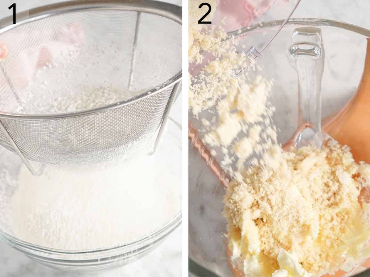 Set of two photos showing flour sifted and sugar added to creamed butter.