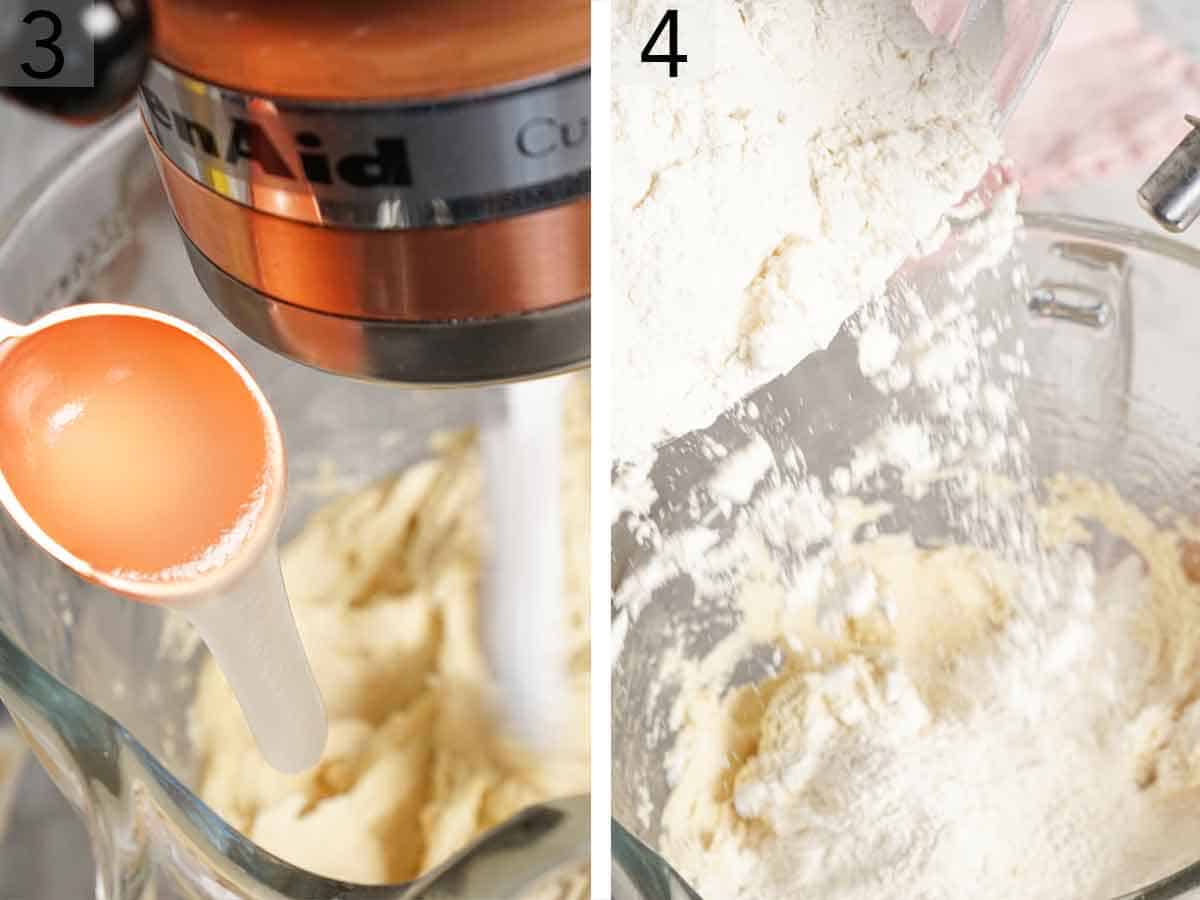 Set of two photos showing egg and flour added to the mixer.