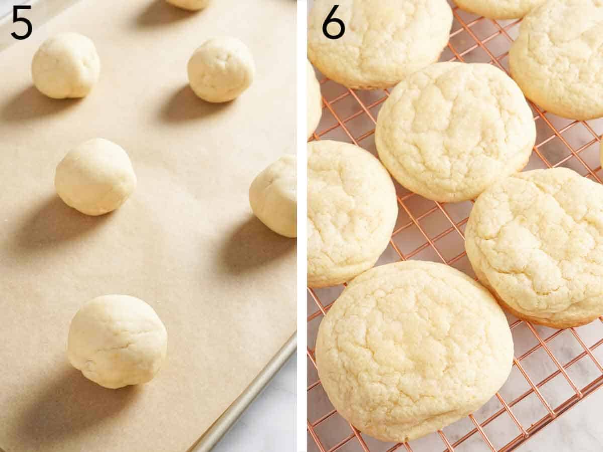 Set of two photos showing rolled cookie dough on a sheet pan and cooled cookies on a wire rack.