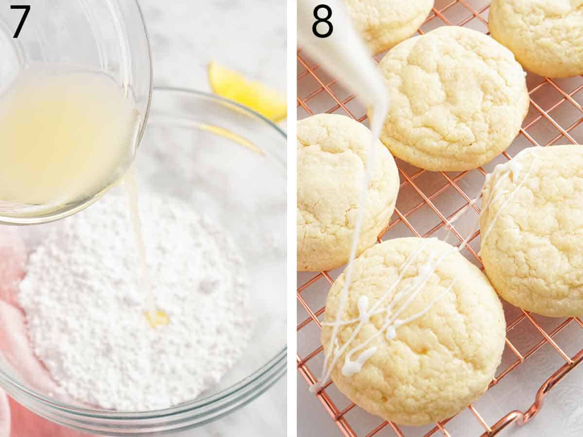 Set of two photos showing lemon glaze made and drizzled over cookies.