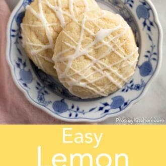 Pinterest graphic of two lemon cookies with glaze on a plate.