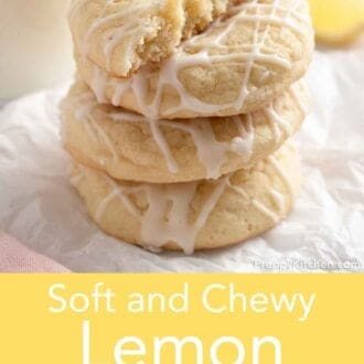 Pinterest graphic of a close up of four lemon cookies stacked with the top cookie only being half.