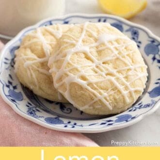 Pinterest graphic of two lemon cookies with glaze drizzled on top on a plate.