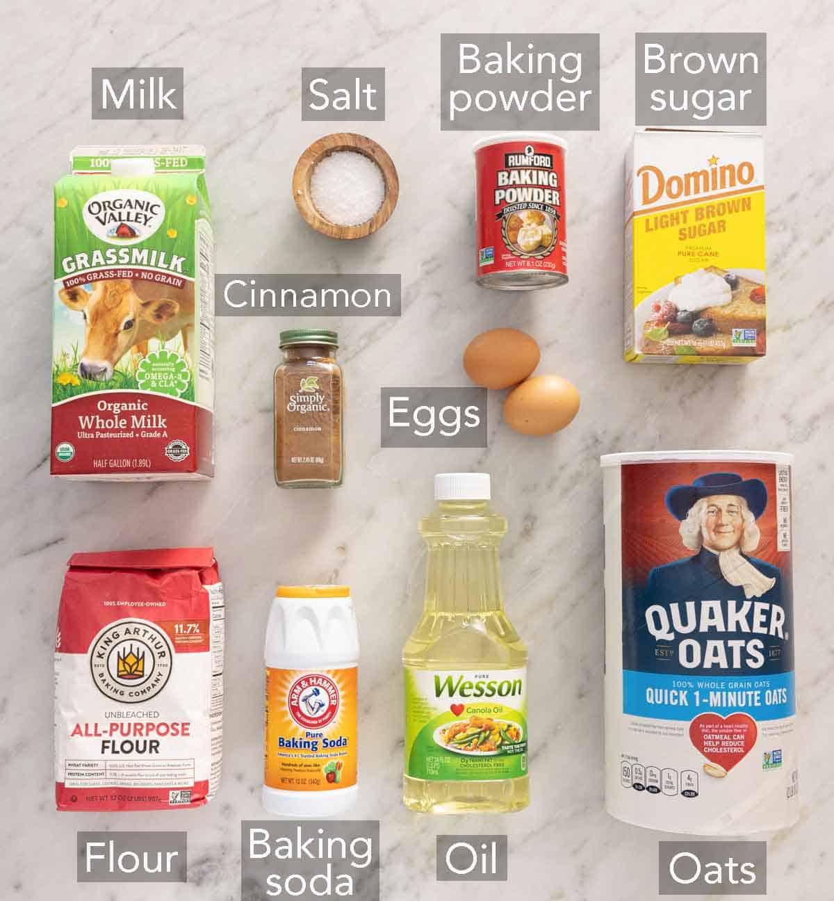 Ingredients needed to make oatmeal muffins.