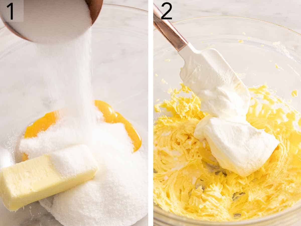 Set of two photos showing sugar added to a bowl of butter. Then, sour cream added.