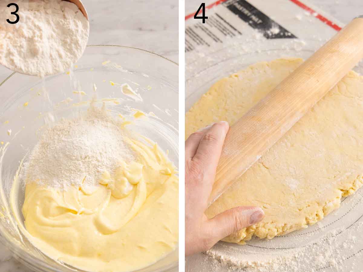 Set of two photos showing dry ingredients added to the batter then rolled out.