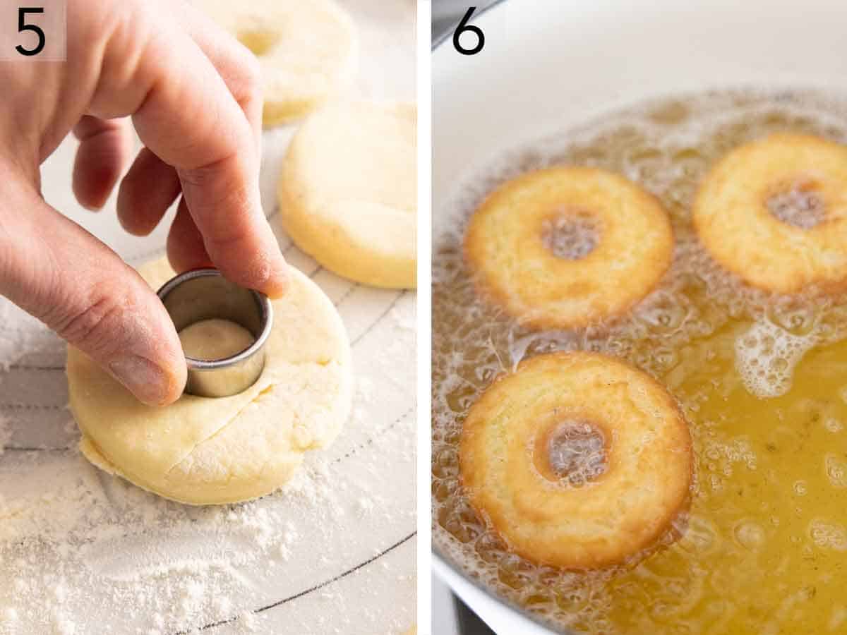 Set of two photos showing the dough cut with cookie cutters and fried in oil.