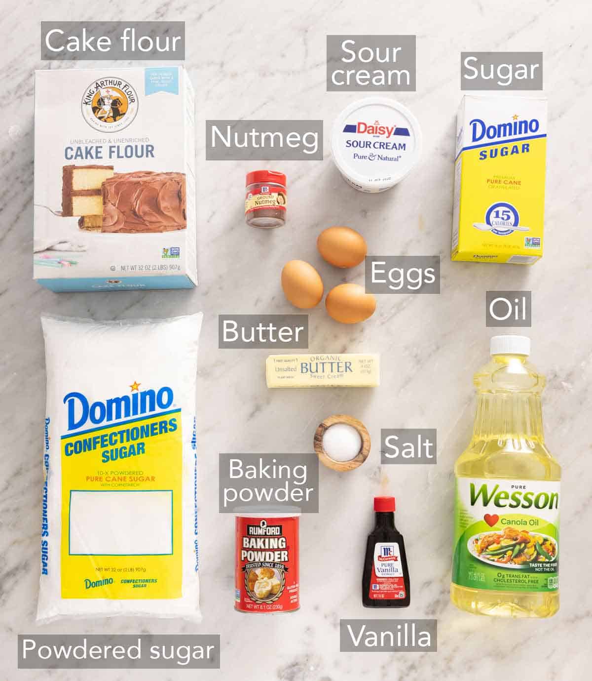 Ingredients needed to make old fashioned donuts.