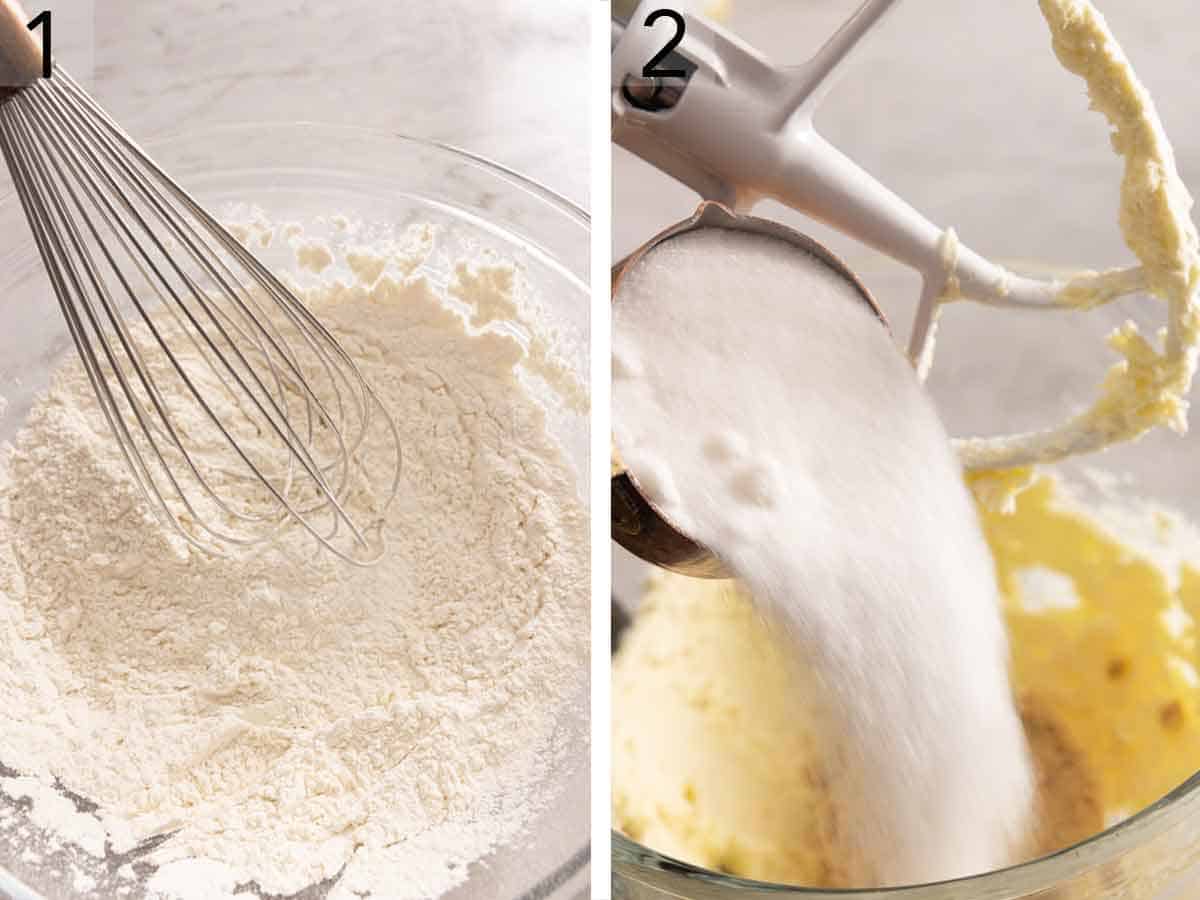 Set of two photos showing dry ingredients whisked and butter creamed with sugar.