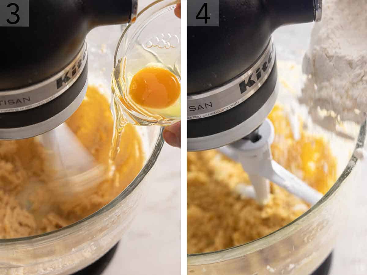 Set of two photos showing egg and dry ingredients added to the batter.