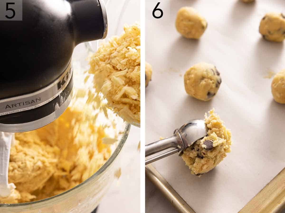 Set of two photos showing potato chips added to the batter and then portioned out.