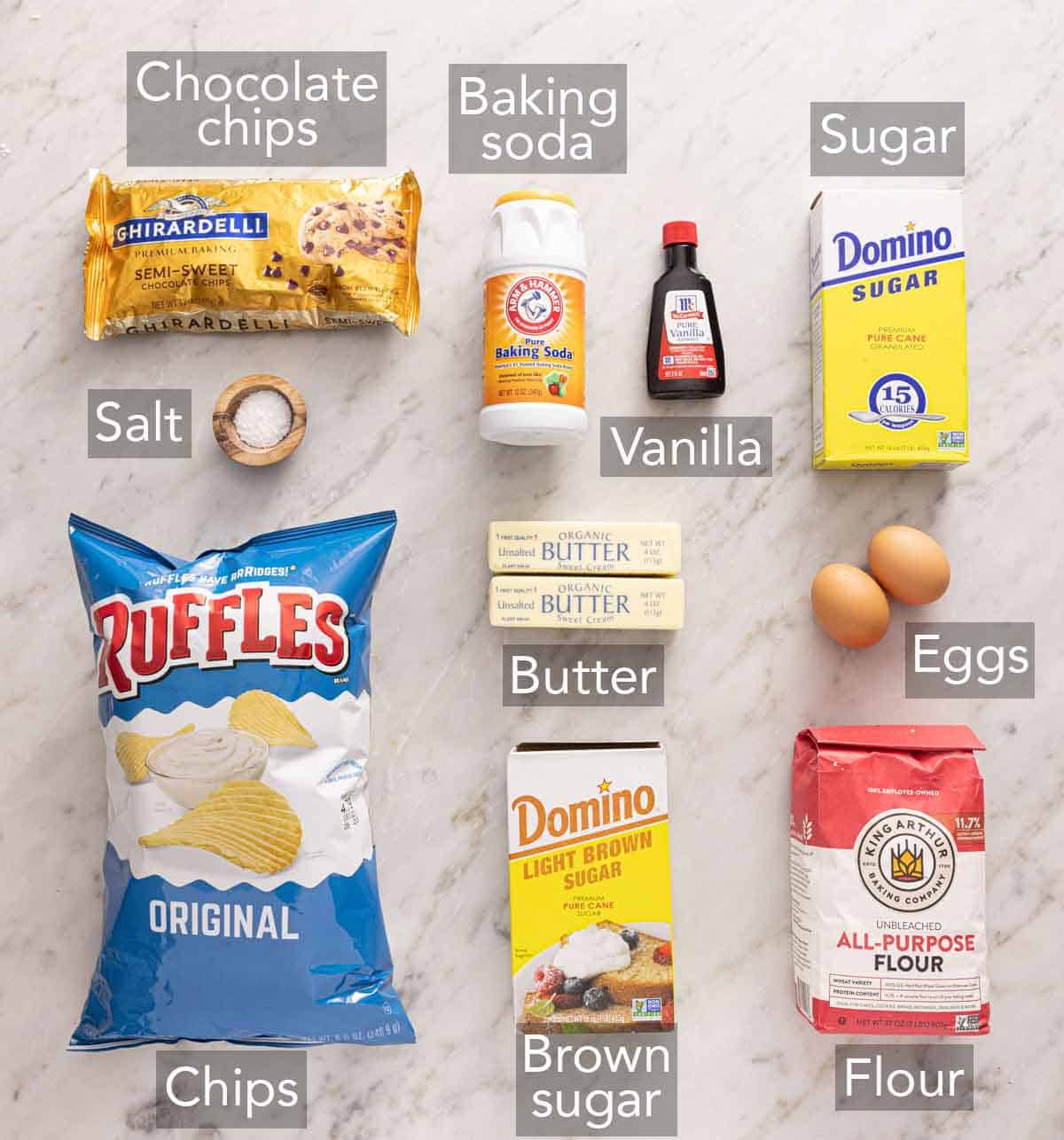 Ingredients needed to make potato chip cookies.