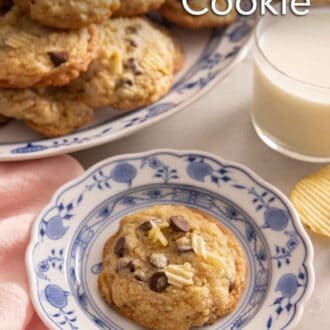 Pinterest graphic of a plate with a potato chip cookie by a glass of milk and more cookies.