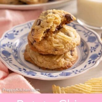 Pinterest graphic of a stack of three potato chip cookies on a plate.