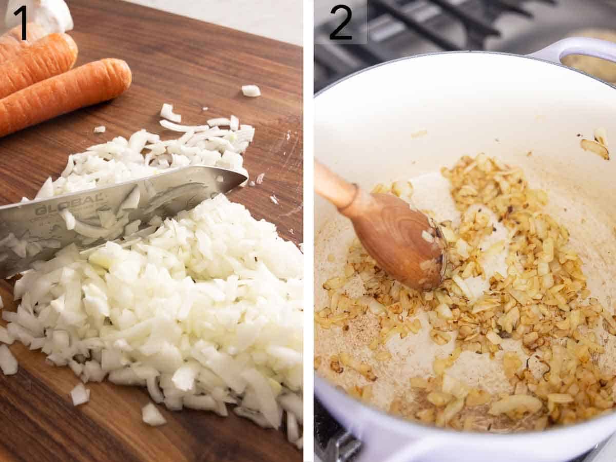 Set of two photos showing onions diced and added to the pot.