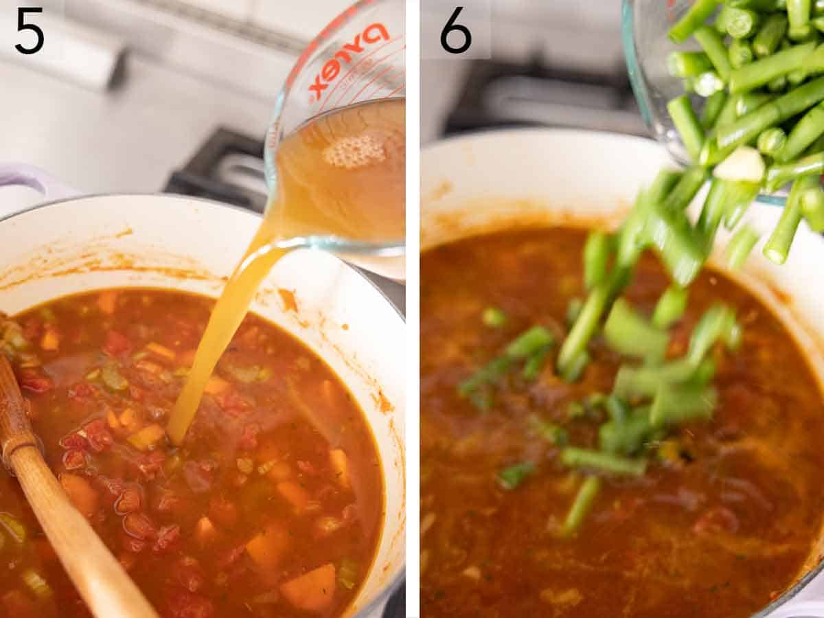 Set of two photos showing broth and green beans added to the pot.