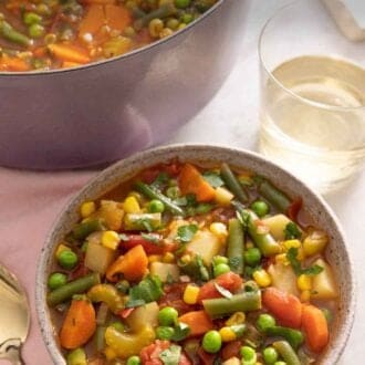 Pinterest graphic of a bowl of vegetable soup beside a large pot of it.