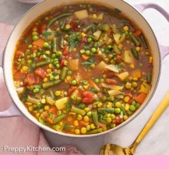 Pinterest graphic of an overhead view of a pot of vegetable soup.