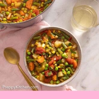 Pinterest graphic of the overhead view of a bowl of vegetable soup by a pot full of soup.
