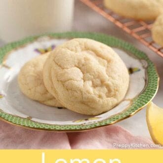 Pinterest graphic of two lemon cookies on a plate by a cup of milk.