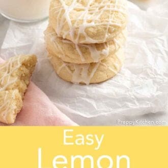 Pinterest graphic of three lemon cookies stacked on top of each other on parchment.
