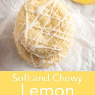 Pinterest graphic of an overhead view of a stack of glazed lemon cookies.