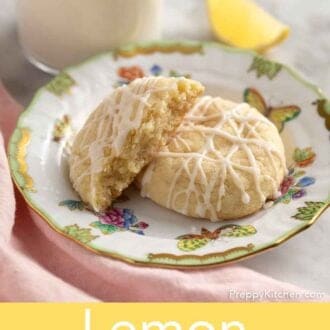 Pinterest graphic of a lemon cookie on a plate with another half cookie propped on top.