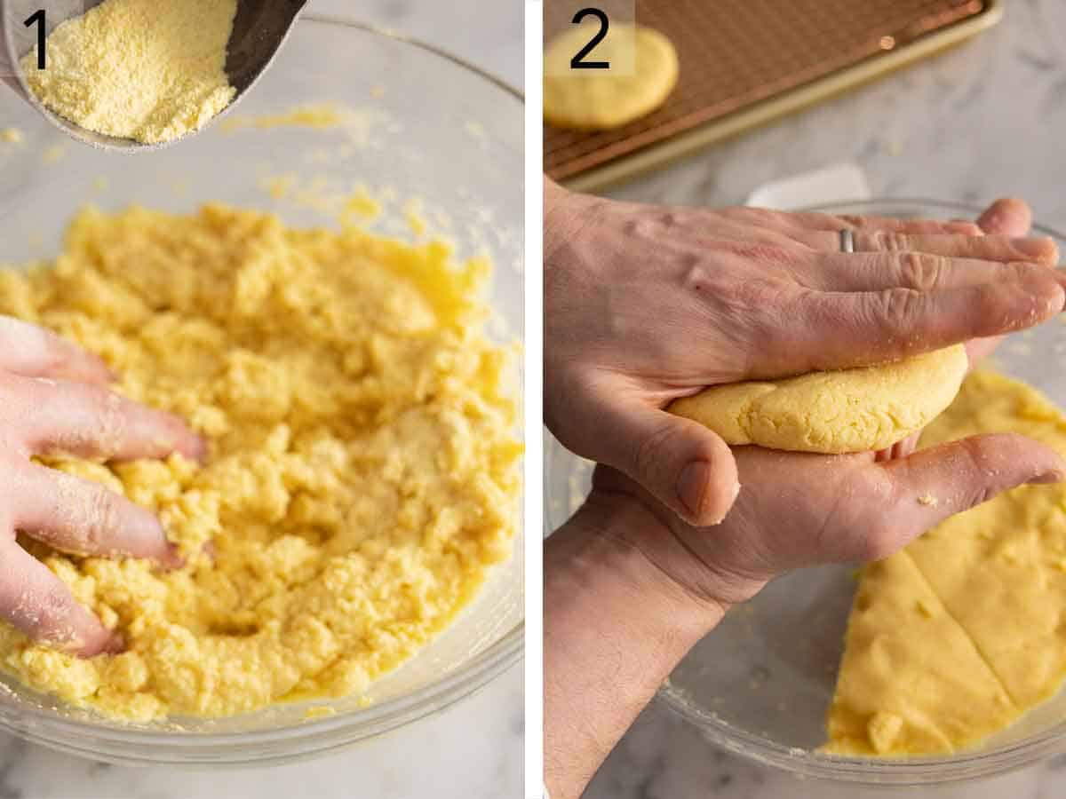 Set of two photos showing cornmeal dough mixed and shaped.