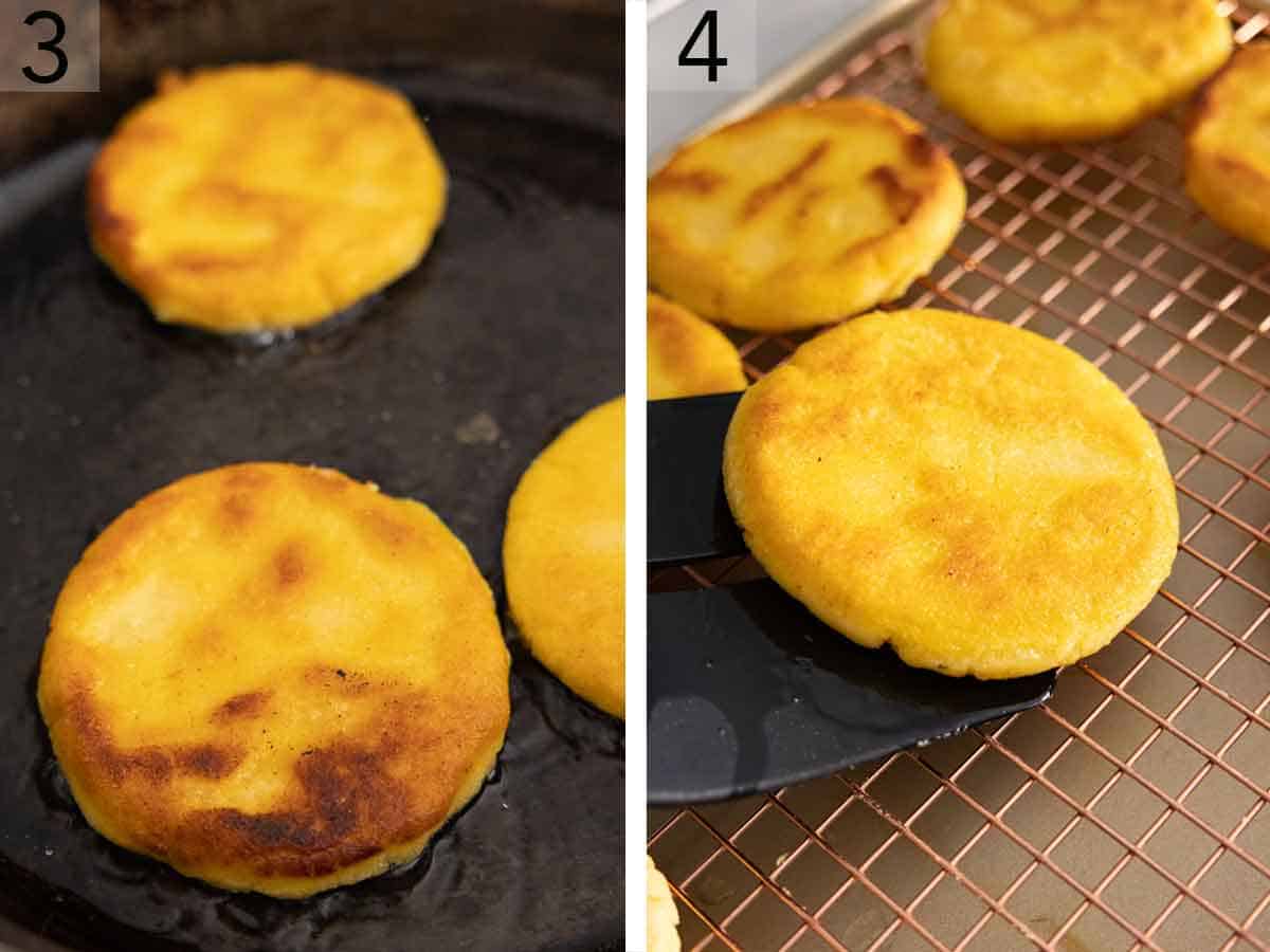 Set of two photos showing the arepas dough pan fried and set aside to cool.
