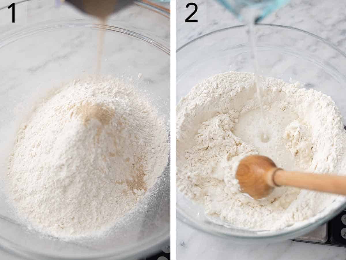 Set of two photos showing dry ingredients added to a bowl before adding water.