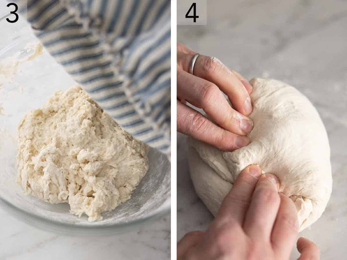 Set of two photos showing dough resting and then kneaded.