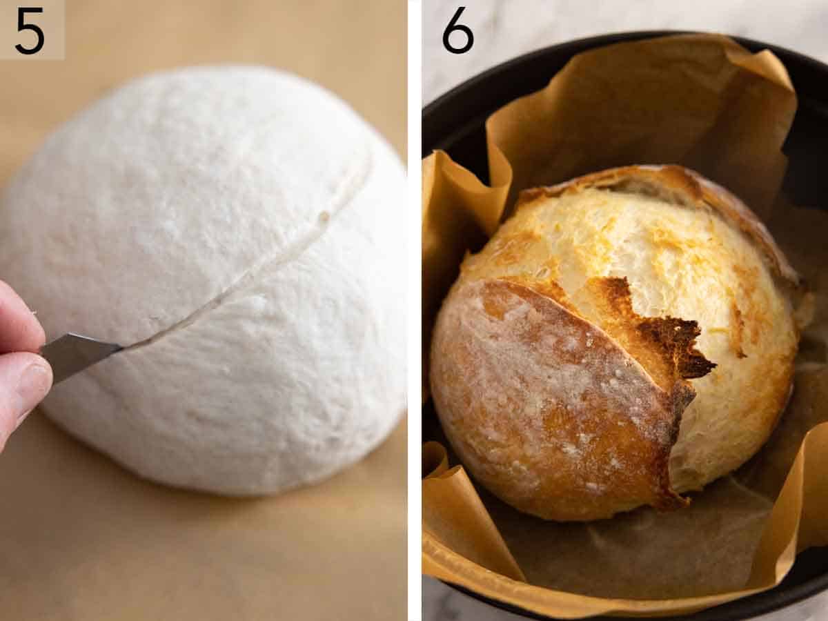 Set of two photos showing dough scored and baked.