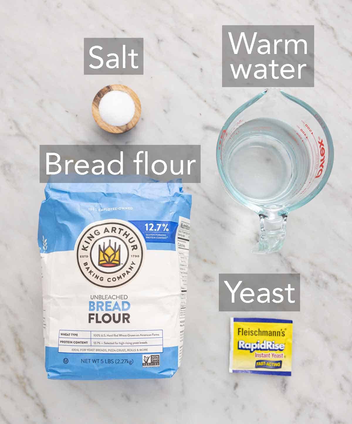 Ingredients needed to make artisan bread.