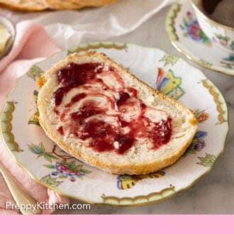 Pinterest graphic of a slice of artisan bread with butter and jam spread on top.
