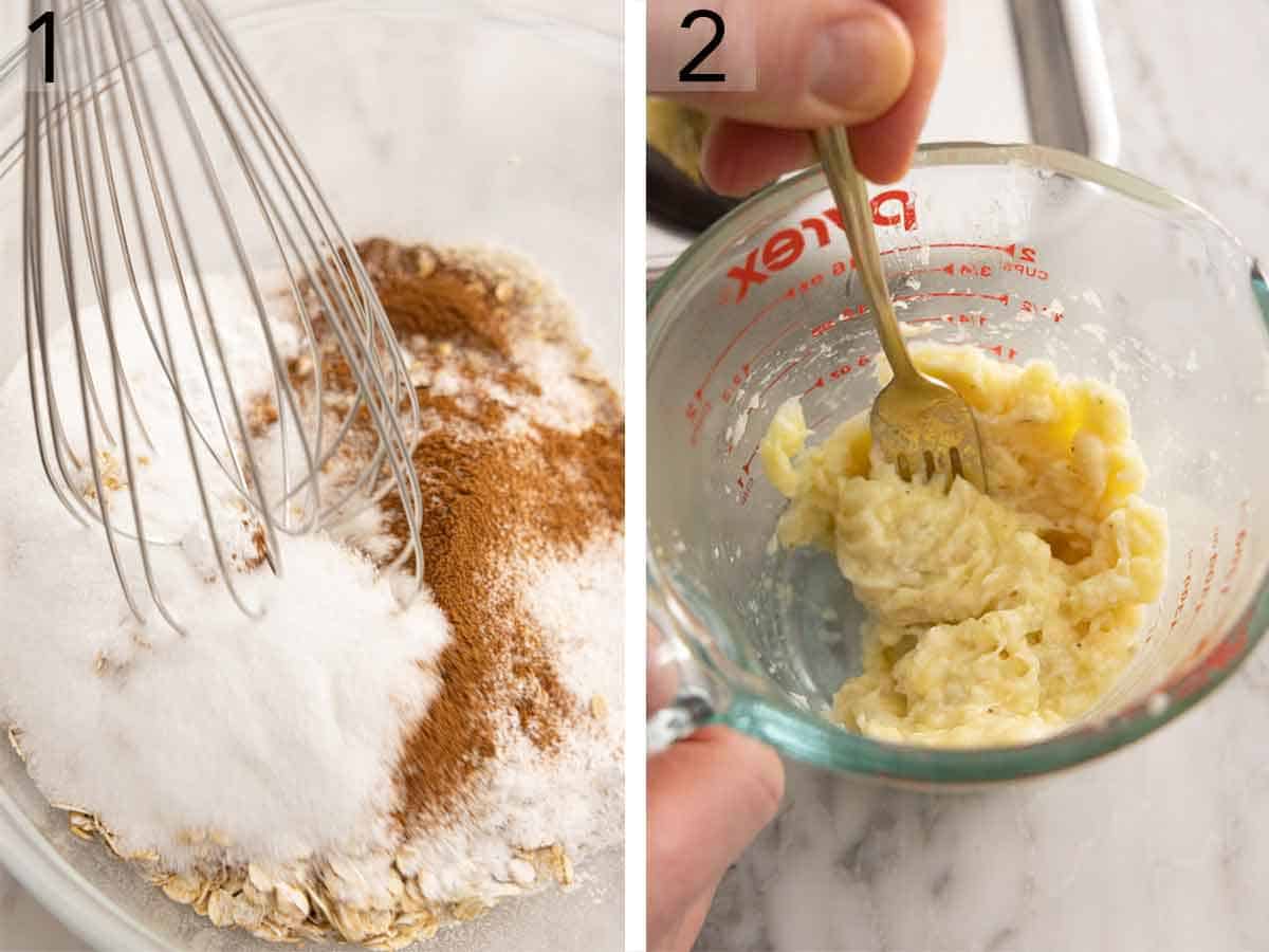 Set of two photos showing dry ingredients whisked together and bananas mashed.