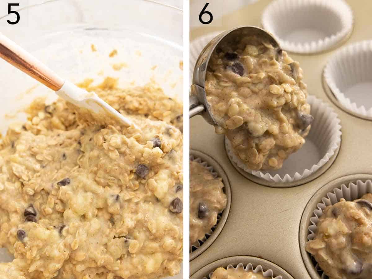 Set of two photos showing batter mixed and scooped into a muffin tin.