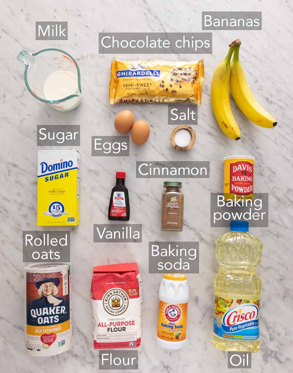 Ingredients needed to go make banana oatmeal muffins.