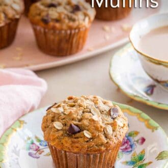 Pinterest graphic of a banana oatmeal muffin on a plate in front of a platter of muffins.