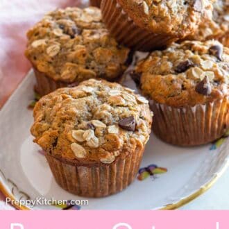 Pinterest graphic of a platter of banana oatmeal muffins.