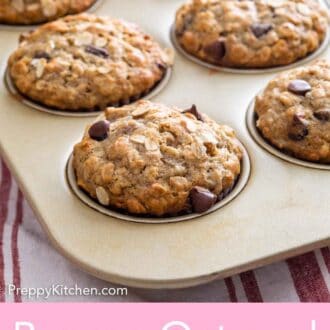 Pinterest graphic of banana oatmeal muffins in a muffin tin.