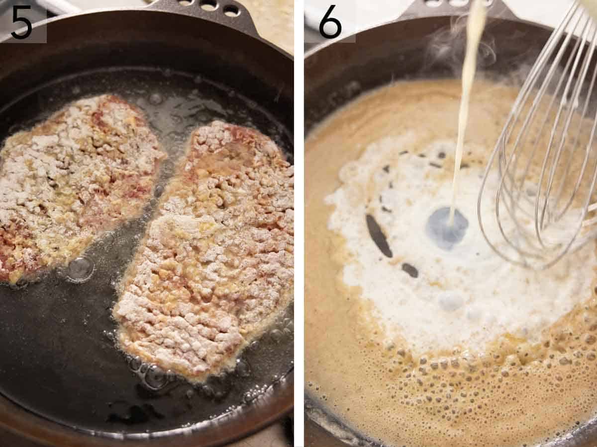 Set of two photos showing beef cooked in oil and gravy made.